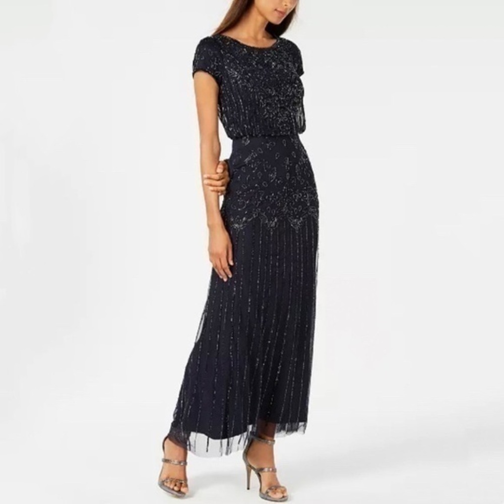Adrianna Papell Beaded Short-Sleeve Gown in Navy Size 2